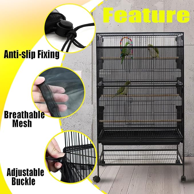Bird Cage Seed Catcher Large Bird Cage Cover 118 * 31 inches Adjustable Net Cover,Black Nylon Mesh Birdcage Skirt Guard for Parrot Macaw Round Square Cages (1, Black, 118 * 31 inches)