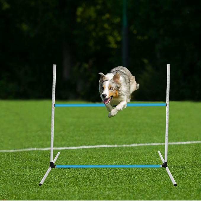 6 Pcs Dog Agility Training Equipments Dog Agility Jumps Hurdles Adjustable Jumps Hurdles Pet Jump Bars with Bag and Whistle for Indoor Outdoor Dogs Pet Jump Course Game(Blue and White)