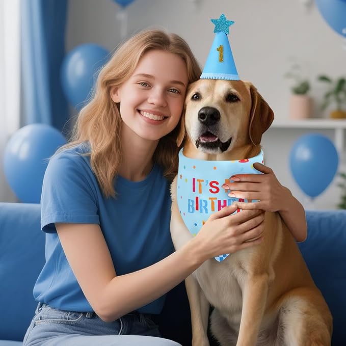 Dog Birthday Party Supplies with Hat Bandana Numbers, Light Blue Dog Birthday Set for XLarge Large Pets Puppy Boy