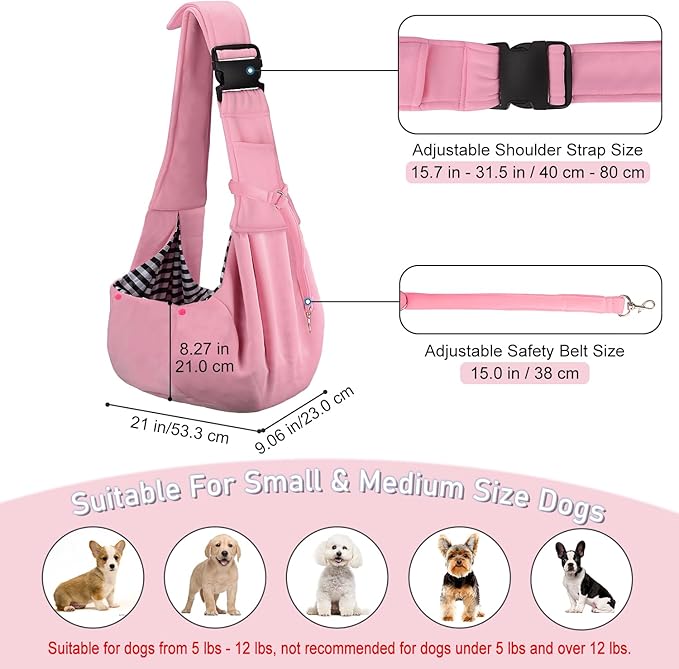 PETLOFT Reversible Dog Cat Sling Carrier, Small Dog Carrier, Adjustable Dog Sling, Hands Free Cross Body Carrier with Collar Hook for Dog/Cat/Bunny up to 11lb (Light Pink)