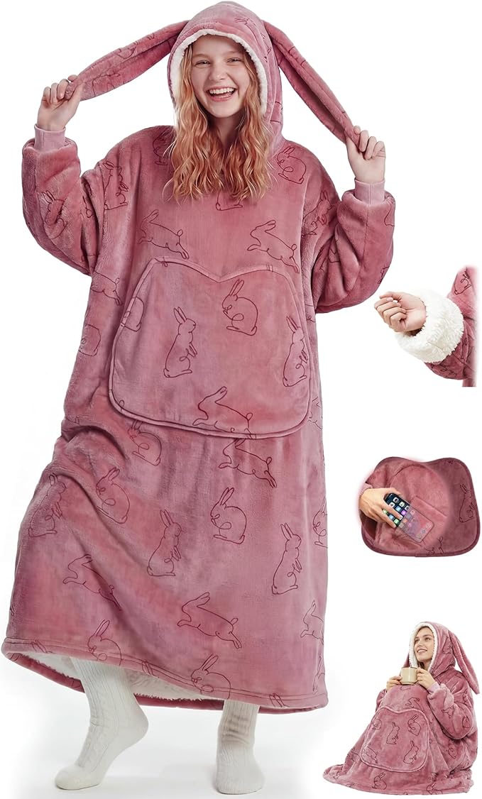 Mewaii Wearable Blanket Hoodie for Adults, Warm Sherpa & Soft Flannel Long Sweatshirt with Giant Pocket, Cozy Gifts for Women