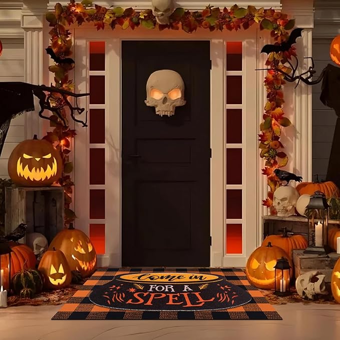 Tinideya 2 Pcs Halloween Door Mat Come in for A Spell Welcome Non Slip Coir Mats Funny Black Orange Buffalo Plaid Floor Layering Doormats Seasonal for Front Porch Entryway Decor(Come in for A Spell)