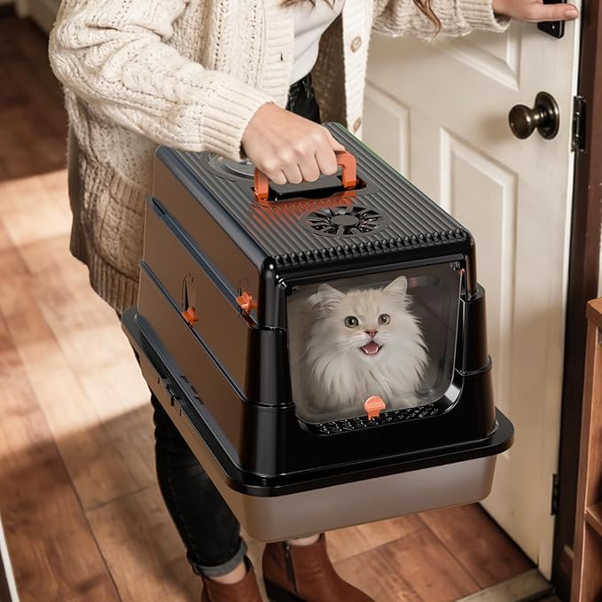 Stainless Steel Cat Litter Box with Lid, Enclosed Extra Large Metal Litter Pan for Big Cats, Full Flip Cover High Sided LitterBox Include Scoop, Easy Cleaning, Non-Stick, Black