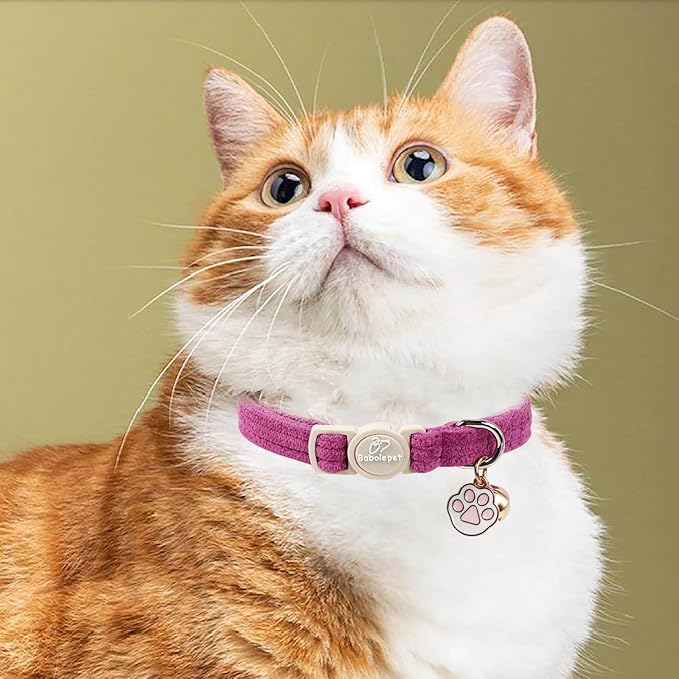 2 Pack Corduroy Cat Collars - Cute Breakaway Cat Collar with Bell and Paw Pendant, Soft Adjustable Fall Winter Kitten Collars for Girl Boy Cats, Lavender&Fuchsia