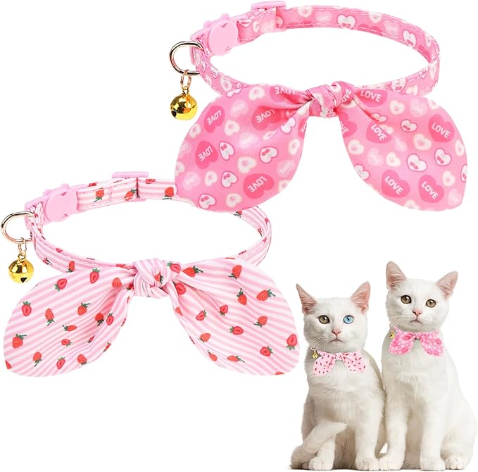 KOOLTAIL Girl Cat Collar Breakaway with Bowtie and Bells, 2 Pack Cute Kitten Collars, Pink Heart & Strawberry Design with Safety Buckle Adjustable for Small Large Girl Cats