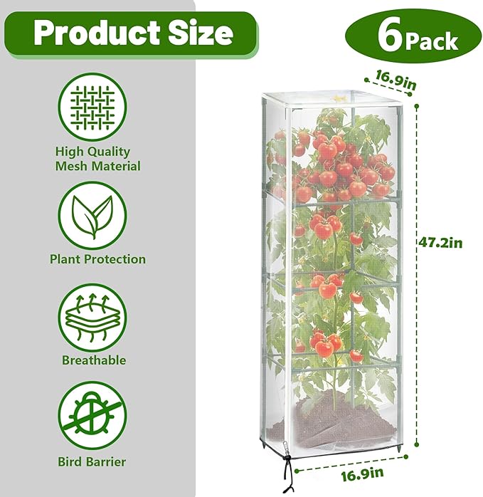 6 Pack 16.9 * 16.9 * 47.2inch Plant Cover for Square Tomato Cage,Tomato Trellis Mesh Netting Covers with Zipper Drawstring Bird Netting for Garden Protection