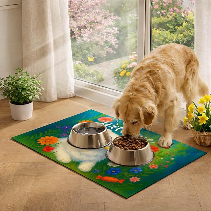 Welcome Spring Pet Feeding Mat 24" x 16"White Dog Floral Design Non Slip Cat and Dog Bowl Mat Easy Clean Pet Mats for Food and Water Fast Dry Pet Food Mat Absorbable Pet Feeding Pad