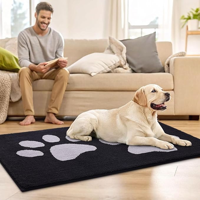 Buganda Dog Door Mat for Muddy Paws, Absorbent Dirt Trapper Washable Indoor Doormats, Non Slip Low-Profile Mud Mat for Dogs, Front Entrance Doormat for Inside Floor (36x24 Inches, Black and Grey)