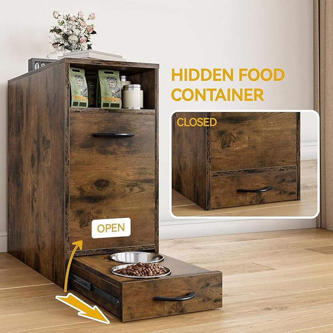 DWVO Dog Feeding Station with Storage, Dog Food Cabinet with 2 Feeder Bowls, Pull Out Elevated Dogs Bowl, Rustic Brown