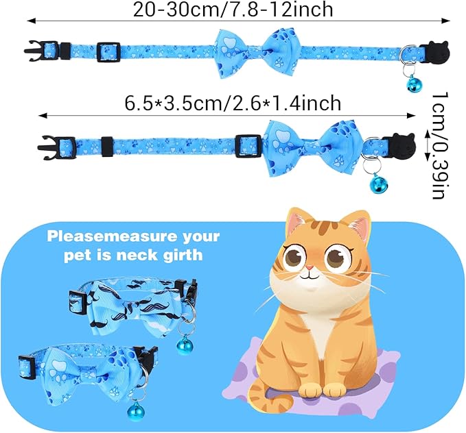 2 Pack Kitten Collar with Bell Breakaway Cat Collars with Removable Bow Tie Safety Buckle Kitten Collars 7.8-12 Inch Adjustable Pet Collar for Boy Cats (Blue)