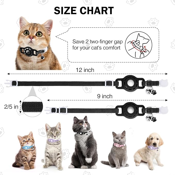 Airtag Cat Collar Breakaway, Stretchy Cat Tracker Collar with Apple Air Tag Holder for Boy Girl Cats, Elastic GPS Tracking Collars for Kittens and Puppies, Adjustable 9"-12" Black