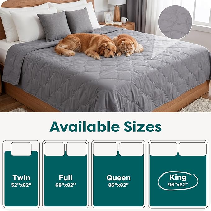 FurHaven Waterproof Blanket & Furniture Protector Cover with Non-Slip Backing, Machine Washable, Jumbo/King, Quilted Twill, Gray