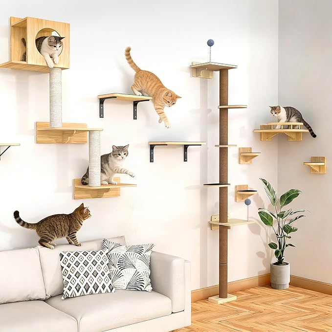 2PCS Cat Wall Shelves with Felt Board,17x9.85 Inch Solid Wood Cat Wall Furniture, Wall Mounted Cats Shelves for Sleeping, Climbing and Scratching