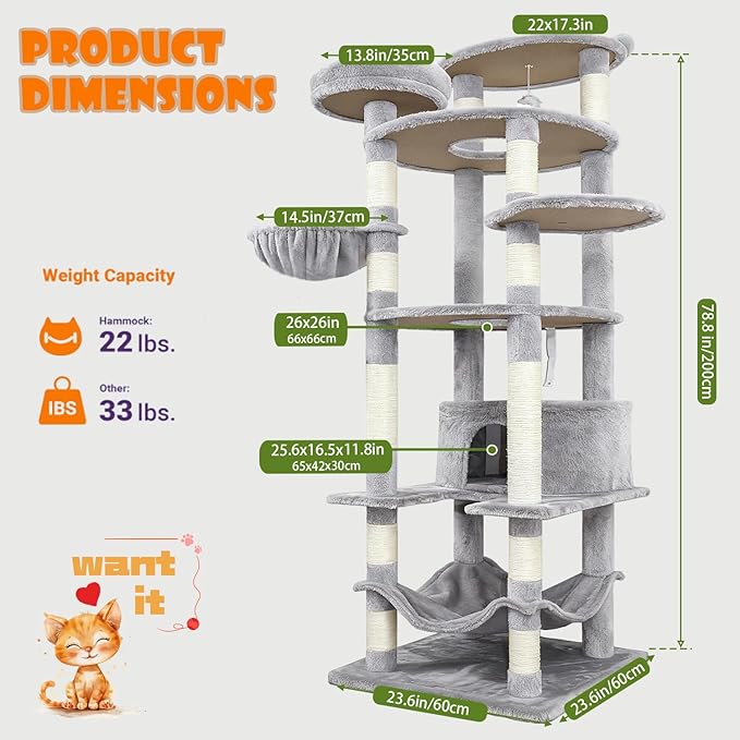 78.8" Large Cat Tree Tower for Indoor Kitties, Multi-Level Furniture Activity Center for Tall Cat Condo with Cozy Perches,Sisal Scratching Posts,Hammock and Basket (78.8 inch Light Gray)