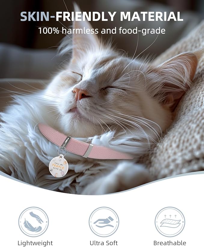 Cat Collar with Bell, Stretch Elastic Quick Release, Modifiable Pet Online Profile Page, Multiple Emergency Contact, Non Breakaway Lightweight Kitten Collar for Girl Cats, Pet Supplies, Gifts, Pink