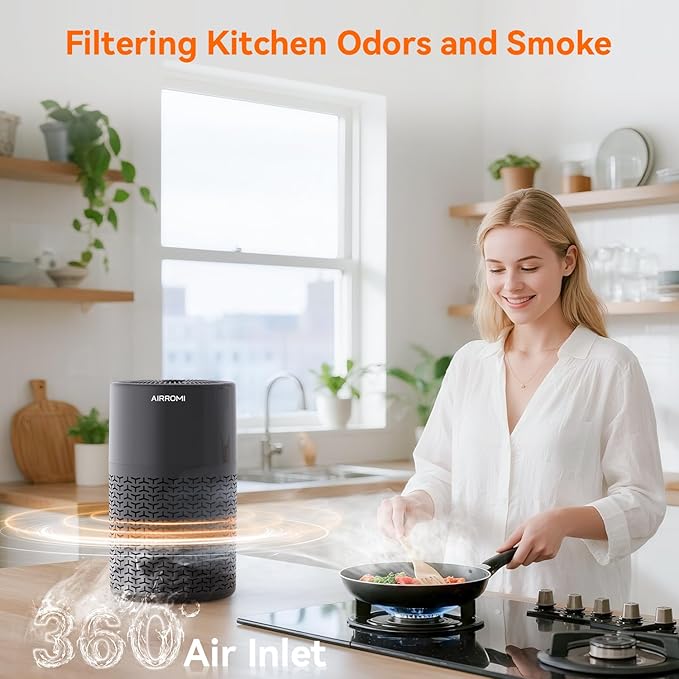 AIRROMI Pets Air Purifier for Home Allergies,Up to 660 ft².HEPA Deodorizing Activated Carbon Filter,With Fragrance Sponge for Better Sleep,Night Light,Pet Dander,Smoke,Odors,Air Cleaner A2002 Black
