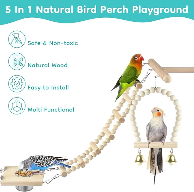 5in1 Bird Perch Ladder with Swing, Natural Wood Parrot Perches Platform with Stainless Steel Feeding Cup, Play Gyms Stands Playground for Budgie Conure Lovebird Canary Hamsters