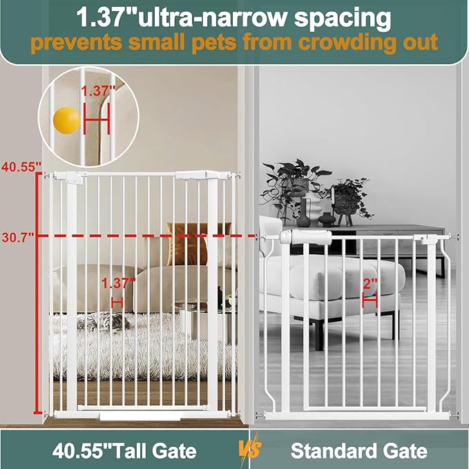 40.55" Tall, 69.48-77.36 Inch Wide, 1.37" Ultra Narrow Spacing Dog Pet Baby Gate Indoor for Doorway Hallway, Pressure Mounted 70 71 72 73 74 75 76 77 Inches Wide