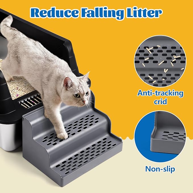 Cat Litter Box Ramp, 3-Step Cat Step for Litter Box with Filter Function, Removable Tray, Washable and Easy to Clean, Filter Pedal Stair for Kitten & Elderly Cats (Dark Grey)