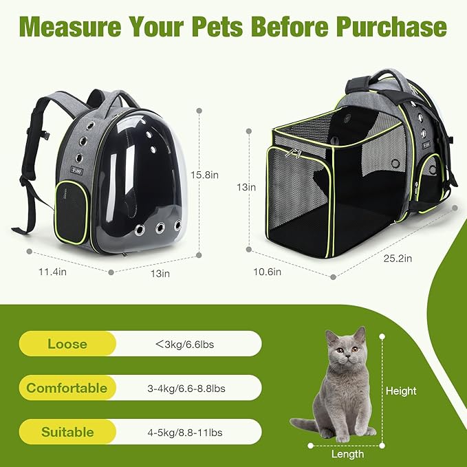Lekereise Cat Bubble Backpack Carrier - Expandable Large Space Cat Backpack for Kitty Small Dog up to 18lbs, Transparent Pet Carrier for Travel, Hiking, Walking & Outdoor, Gray