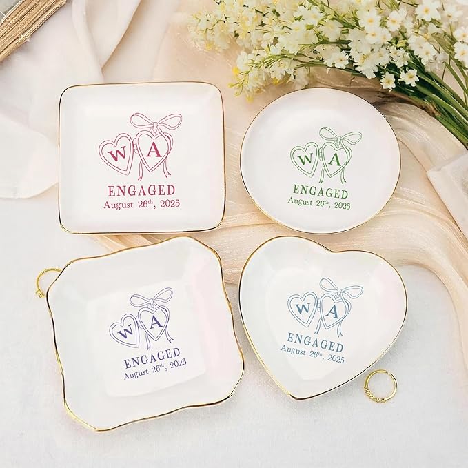 Personalized Locket Wedding Ring Dish, Custom Initial Engaged Rings Holder, Custom Wedding Jewelry Tray, Married Trinket Dishs, Engagement Party Keepsake Gifts for Newly Engaged Couple