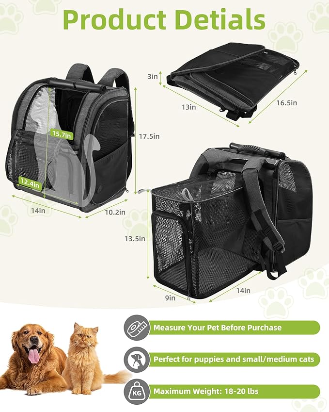 Expandable Cat Carrier Backpacks with Breathable Mesh, Pet Carrier Backpack for Cats Small Dogs Puppies Up to 20 Lbs, Dog Carrier Backpack Great for Travel/Hiking/Camping/Outdoor-Grey with Orange