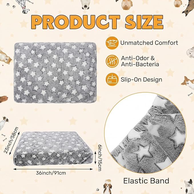 Youyole Large Washable Rectangle Dog Bed Cover Replacement Waterproof 36 x 23 x 6 in Bed Cover for Dog Cat Gray Soft Plush Velvet Pet Beds Protector Sheet with Lovely Star Print for Puppy Pet Couch