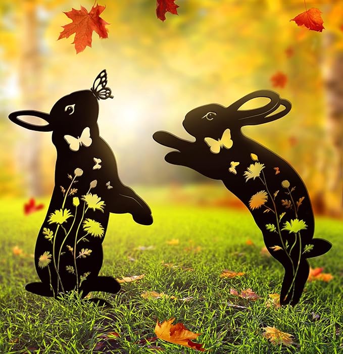 Metal Bunny Garden Decor, 17" Rabbit Yard Decor, Metal Yard Art Animals Garden Stakes Rabbit Silhouette, Rabbits Yard Decorations Outdoor, Bunny Garden Art for Flowerbeds Planters Patios Lawn