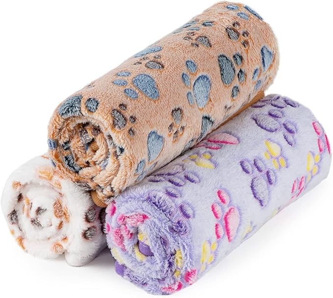 Dono 1 Pack 3 Dog Blankets, Soft Fluffy Fleece Pet Blanket Warm Sleep Mat Paw Print Design Puppy Kitten Throw Blankets Doggy Blanket for Dogs