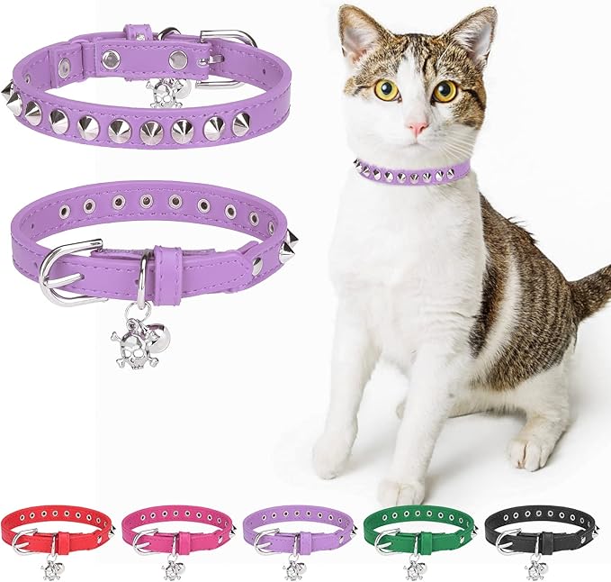 Leather Cat Collars for Boy Girl Cats with Bell and Safety Elastic Belt, Personalized Rivets Stud Adjustable Safe Buckle Collar with Skull Charm for Kitty Small Pets, Halloween Cat Collar
