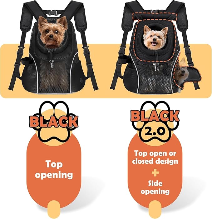 WOYYHO Pet Dog Carrier Backpack with Top and Side Windows, Small Dog Front Backpack Ventilated Mesh Dog Back Pack with Safety Belt for Travel Hiking Outdoor Adventures (Size M: 5-9 lbs, Black 2.0)