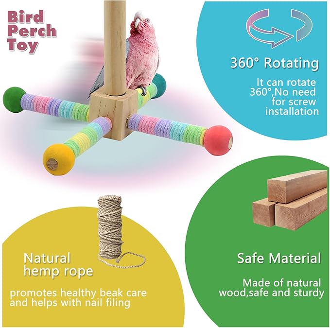 Upgraded Parrot Perch Toy,Rotating Bird Perch Stand with Chew Ball Toy for Small&Medium Birds,Bird Cage Accessories for Parakeets Cockatiels Lovebirds Conures Finches Budgies (Rainbow Colors)