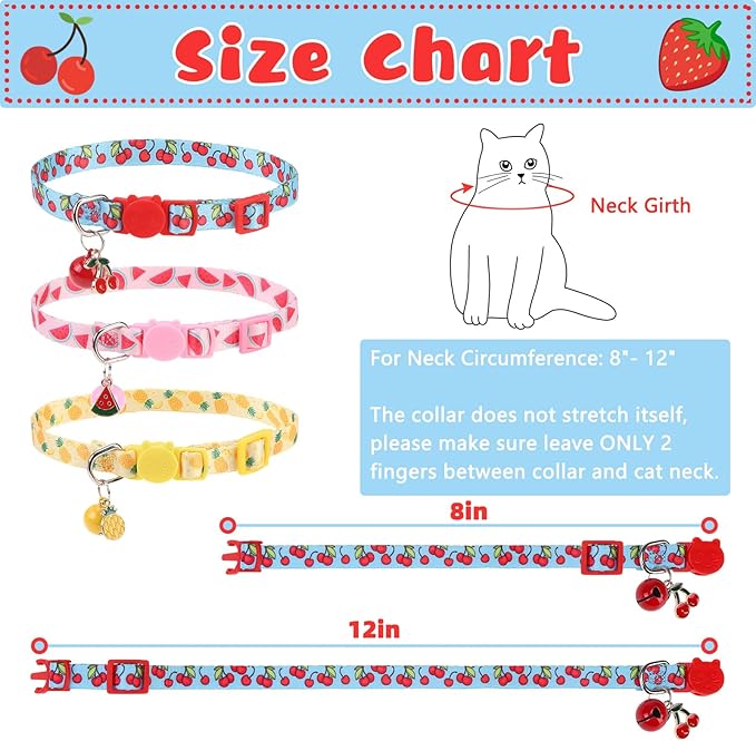 Breakaway Cat Collars with Bell & Cute Pendants, 3 Pack Safety Buckle Kitten Collars, Adjustable Pet Collar Ideal for Girl Boy Cats Puppy (Style A - New Fruit)