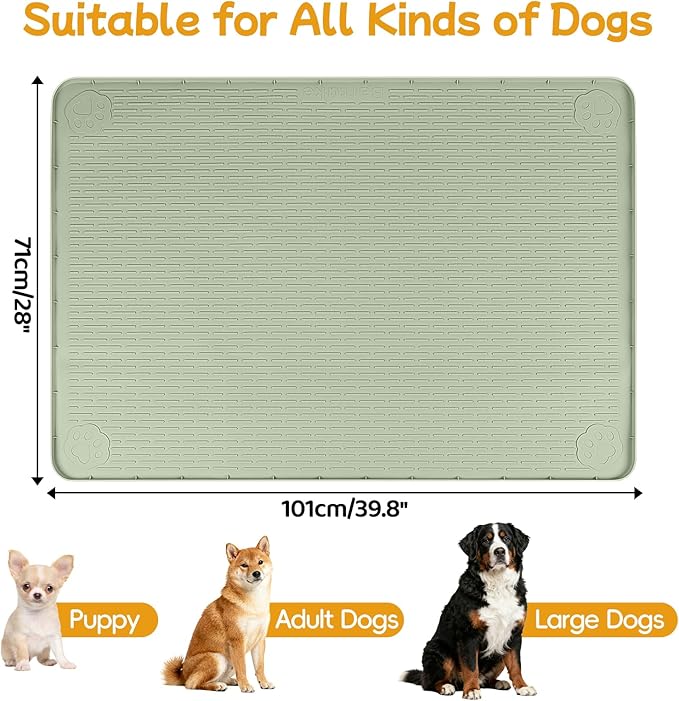 Lanstics Dog Food Mat, 40" x 28" Large Silicone Mat Dog Feeding Mat with Raised Edge Non-Slip Pet Feeding Mat for Food and Water Bowl, Easy to Clean, Floor Protection (Green)
