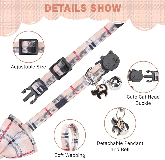 SCENEREAL Plaid Cat Collar with Bow Bandana - 2 Pack Breakaway Kitten Collar with Removable Bowtie Bell, Adjustable Cute Cat Collar for Cats Kittens, Beige