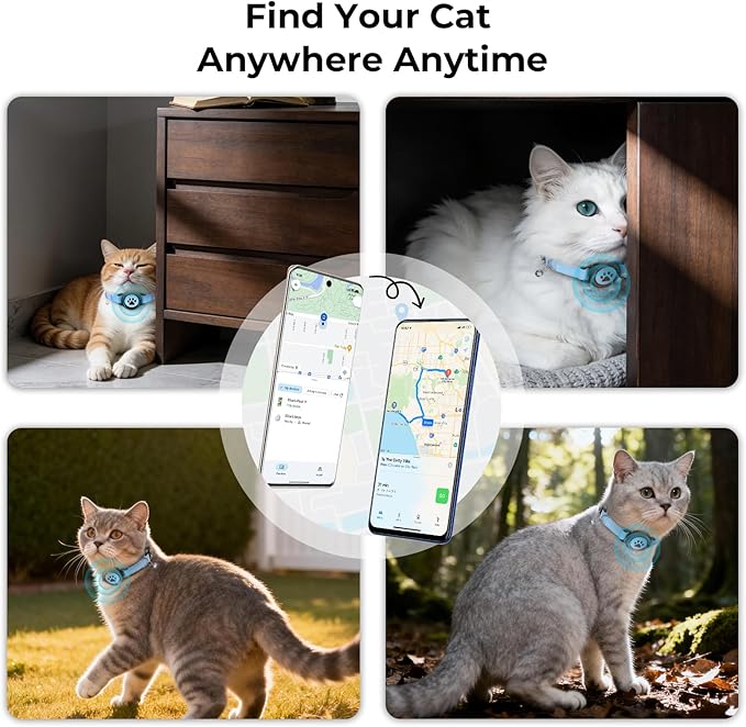 GPS Cat Tracker Collar(iOS & Android), Bluetooth Mini GPS Dog Tracker, Smart Pet Activity Tracker, No Monthly Fee, Work with Apple Find My & Google Find Hub, Finder Tag for Pets,Items M5 1P Blue