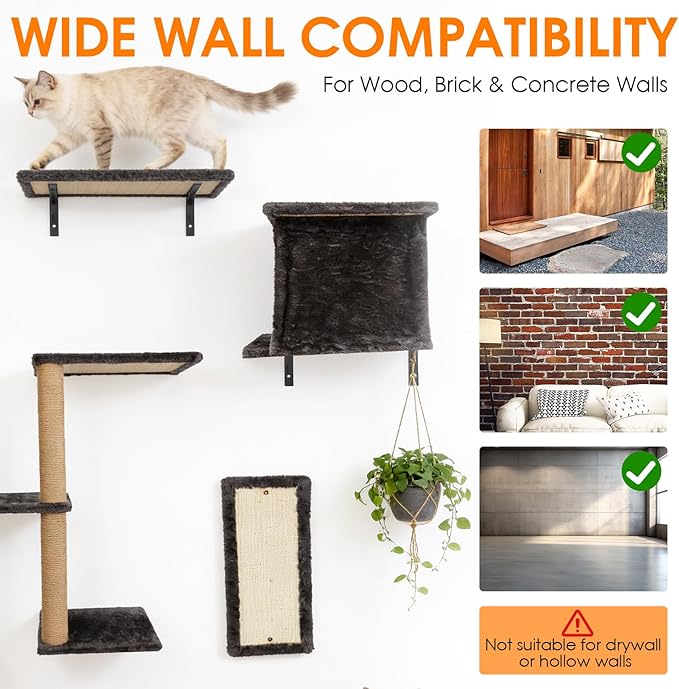 5in1 Cat Wall Shelves Climbing Systems, Large Cat Furniture Shelf Set Wall Hanging Mounted, Sisal Scratching Perch Bed 2 Steps Tower Tree for Indoor House Corner Ladder
