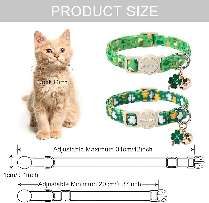 ARING PET 2 Pack St. Patrick's Day Cat Collars-Cute Green Clovers Cat Collar Breakaway with Bell&Pendant, Adjustable Lucky Trefoil Shamrock Kitten Collars with Safety Buckle