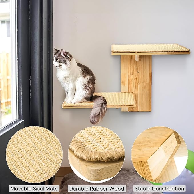 Cat Wall Shelves, Wall Mount Adult Cat Tree with 2 Steps 2 Sisal Scratch Mats, Solid Wood Kitten Bed Pet Climber for Indoor Play, Climb, Jump, Nap, Rest