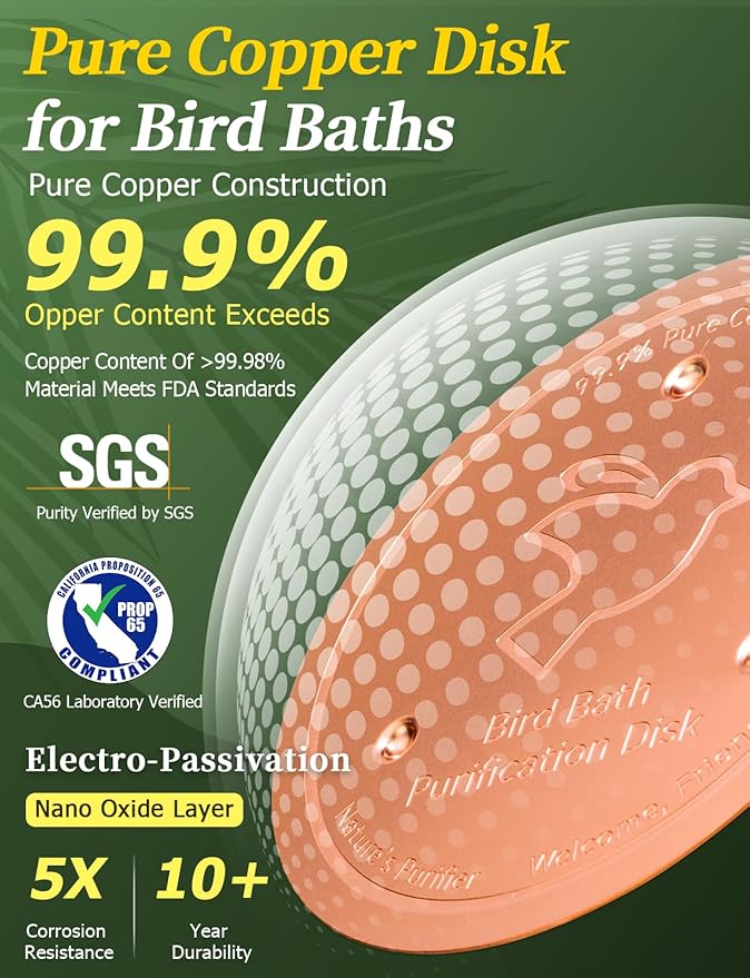 Mellbree Bird Bath Copper Disk, 0.6mm Reinforced 99.99% Pure Copper Cleaning Disk for Physical Safe Clean Water All-Season, Universal Fit for Outdoor Birdbaths, Bowl, Bird Bath Solar