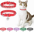 Leather Cat Collars for Boy Girl Cats with Bell and Safety Elastic Belt, Personalized Rivets Stud Adjustable Safe Buckle Collar with Skull Charm for Kitty Small Pets, Red