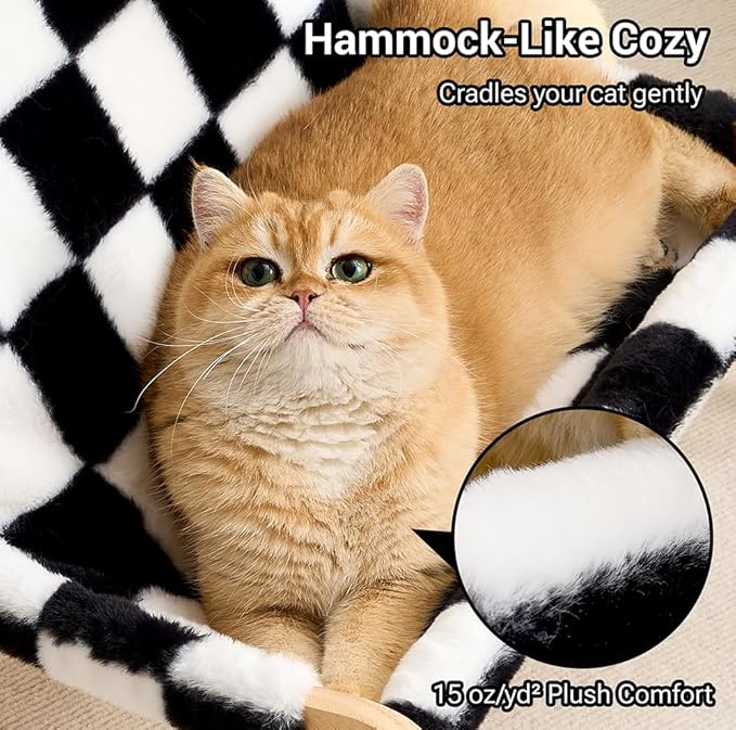 Solid Wood Cat Couch Bed for Indoor Cats, Modern Cat Sofa with Ultra-Soft Plush Surface Washable, Reclined Backrest, Elevated Plush Cat Lounge for Small to Adult Cats, Black & White