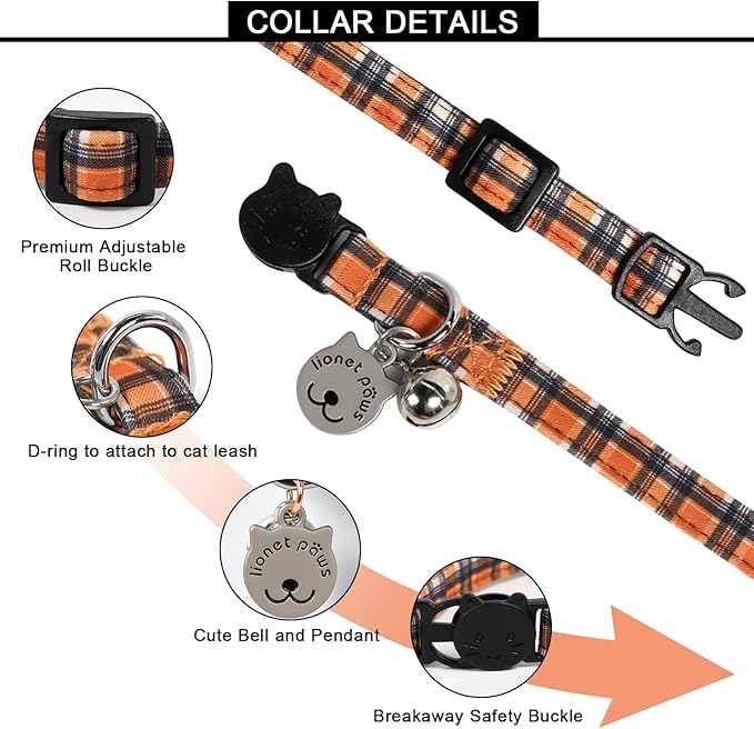 Lionet Paws 2pcs Pack Halloween Cat Collar,Brown Blossoms and Black Brown Grid with Breakaway Buckle,Cute Adjustable Cat Kitten Collar,Ideal for Girl Cats