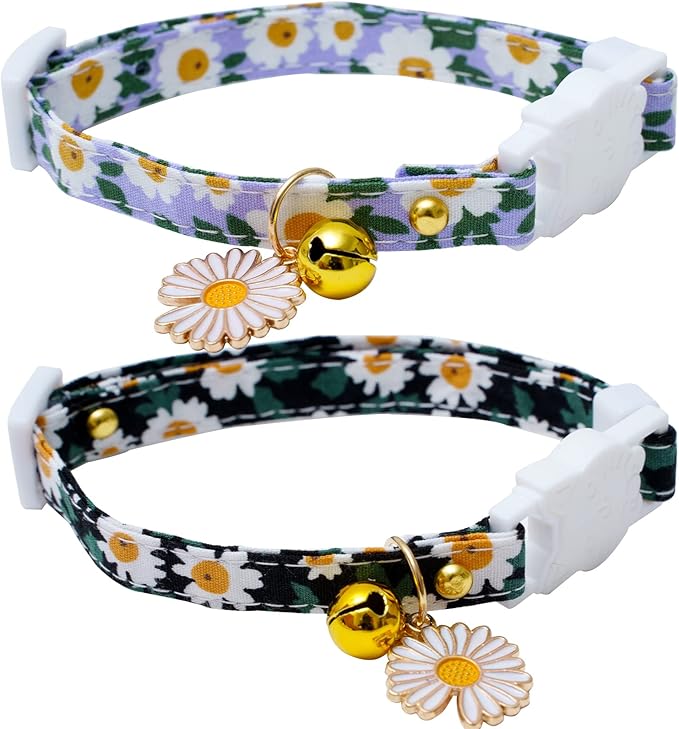2 Pack Cotton Breakaway Cat Collars with Bell Daisy Pendant Kitty Kitten Collars Black Blue Collar for Female Girl Cats Male Boy Cats