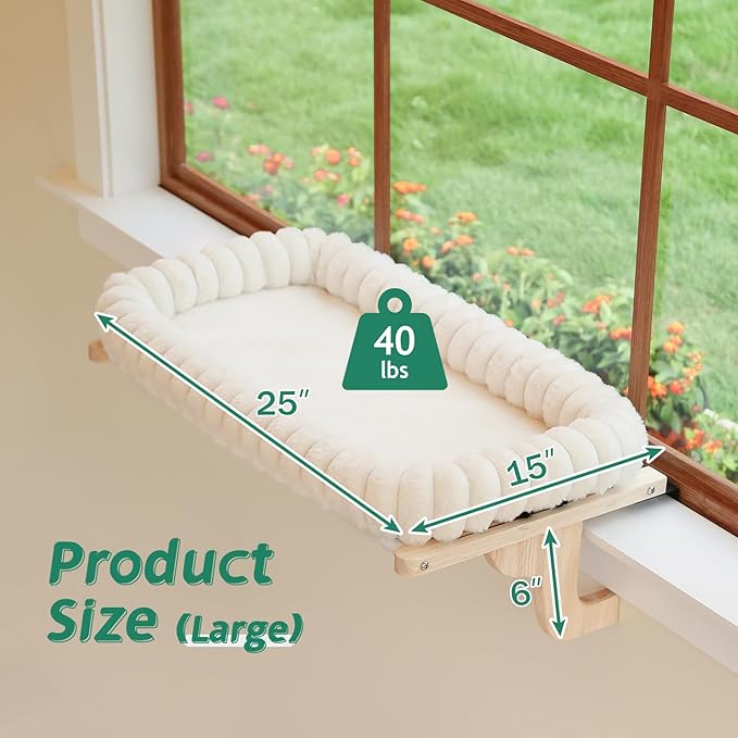 Zakkart SnugCloud Cat Window Perch with 4-Sided Bolster - Large Cat Hammock for Window Sill - Solid Hardwood & Metal Frame - Window Seat for Pets (Natural Color Wood w/White Bed, Large)