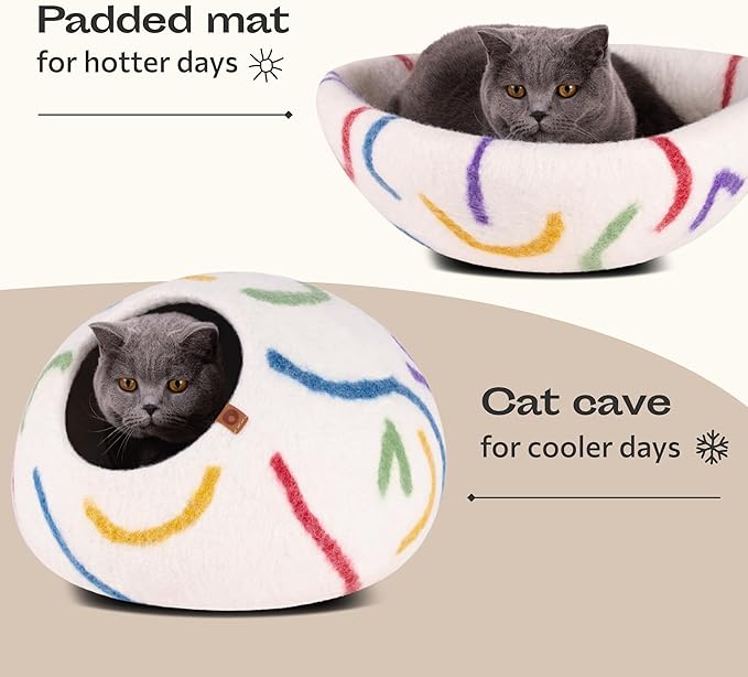 MEOWFIA Cat Cave – Premium Felt Cat Bed for Indoor Cats, Handmade Merino Wool (Ivory Rainbow, Medium)