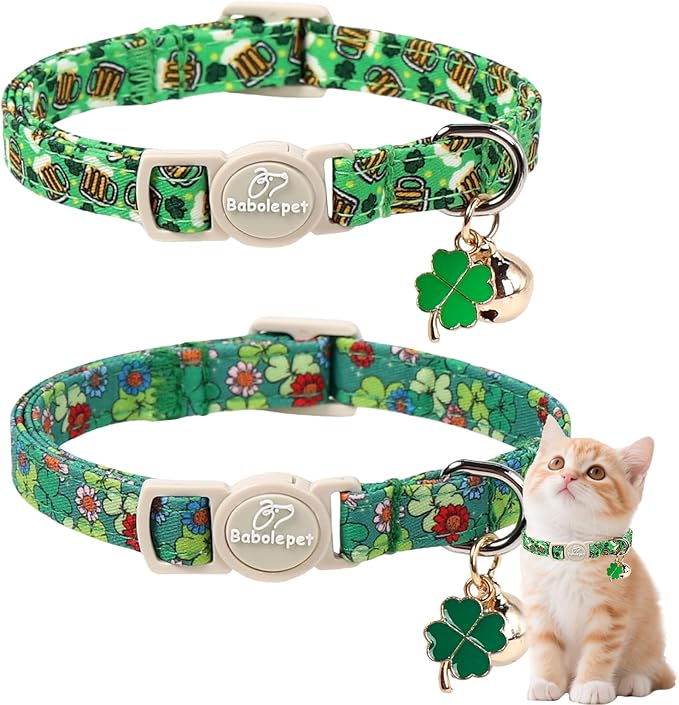 2 Pack St. Patrick’s Day Cat Collars - Breakaway Cat Collar with Bell, Green Clover Pendant, Adjustable Cute Kitten Collars for Boy Girl Cats, Beer&Flower Irish Shamrock