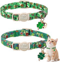2 Pack St. Patrick’s Day Cat Collars - Breakaway Cat Collar with Bell, Green Clover Pendant, Adjustable Cute Kitten Collars for Boy Girl Cats, Beer&Flower Irish Shamrock