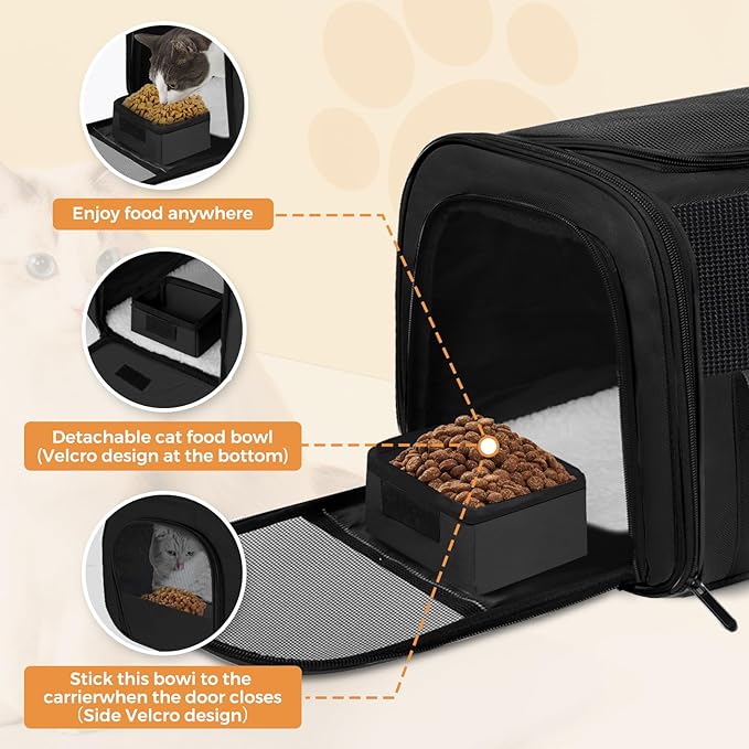 Soft Cat Carrier for Pets Up to 15 lbs, TSA Approved for Airline in-Cabin, Cat Travel Bag with Detachable Cat Food Bowl, Pet Carriers for Small Dogs, Waterproof Travel Puppy Carry, Black