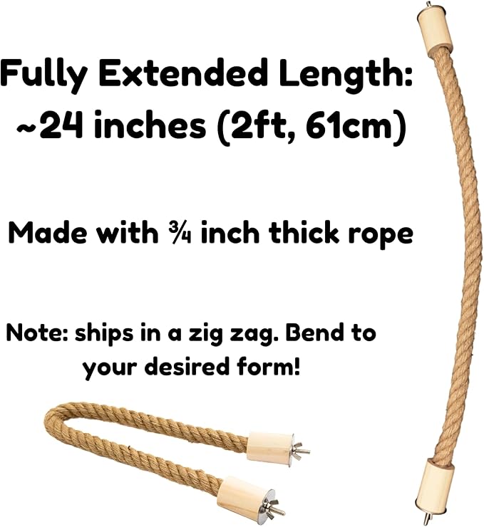 Bird Rope Perch for Parrots, Bendable Natural Jute Boing with Pine Wood and Stainless Steel Mount, Cotton Alternative, Cage Accessory for Parrots (Brown, 2 feet)